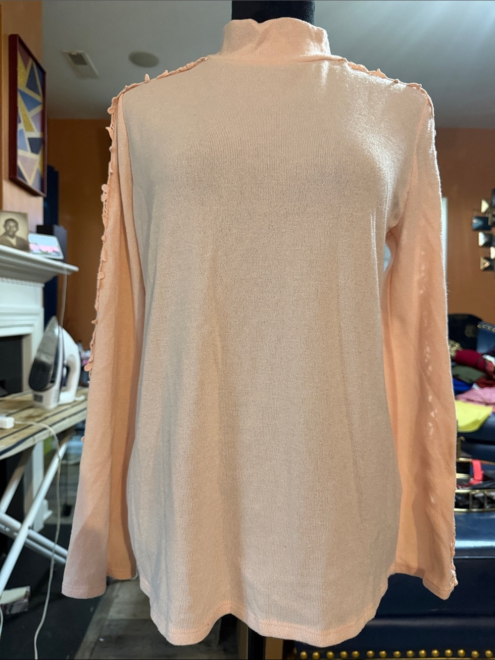 CATO Women's Light Peach Long-Sleeve Mock Neck with lace sleeves